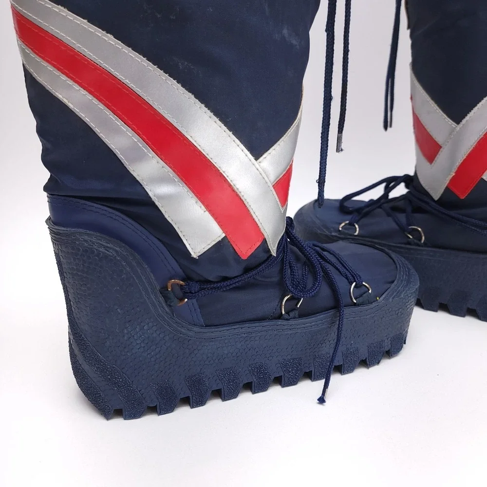 Vintage 80s Moon Boots Snow Retro Blue Silver Techno‎ Viking Napoleon Mens 9-10